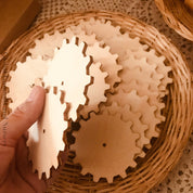 wooden cog tiles: 7.5cm wooden gear-shaped discs for creative projects.