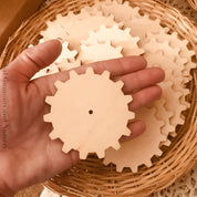 wooden cog tiles: 7.5cm wooden gear-shaped discs for creative projects.