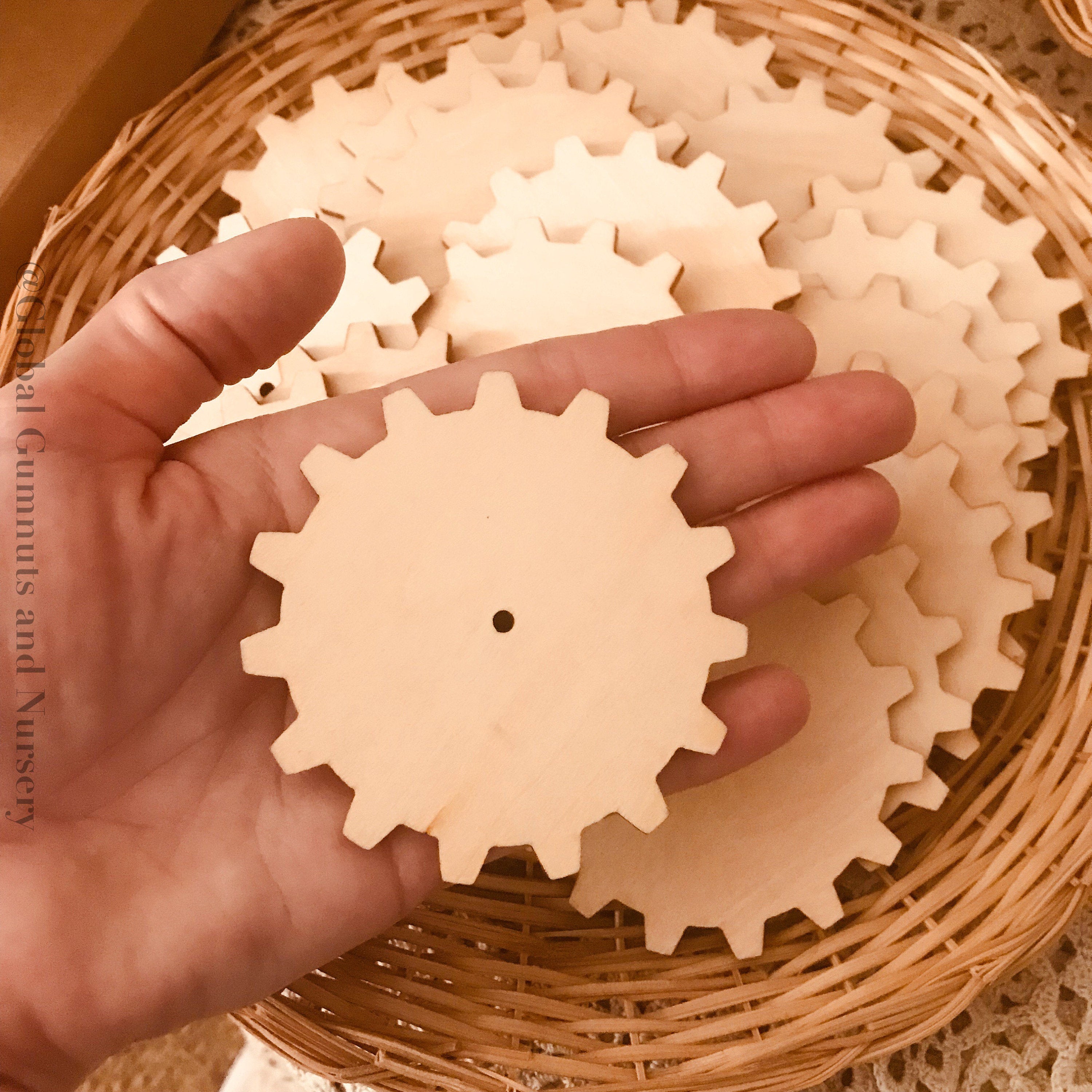 wooden cog tiles: 7.5cm wooden gear-shaped discs for creative projects.