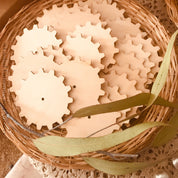 wooden cog tiles: 7.5cm wooden gear-shaped discs for creative projects.