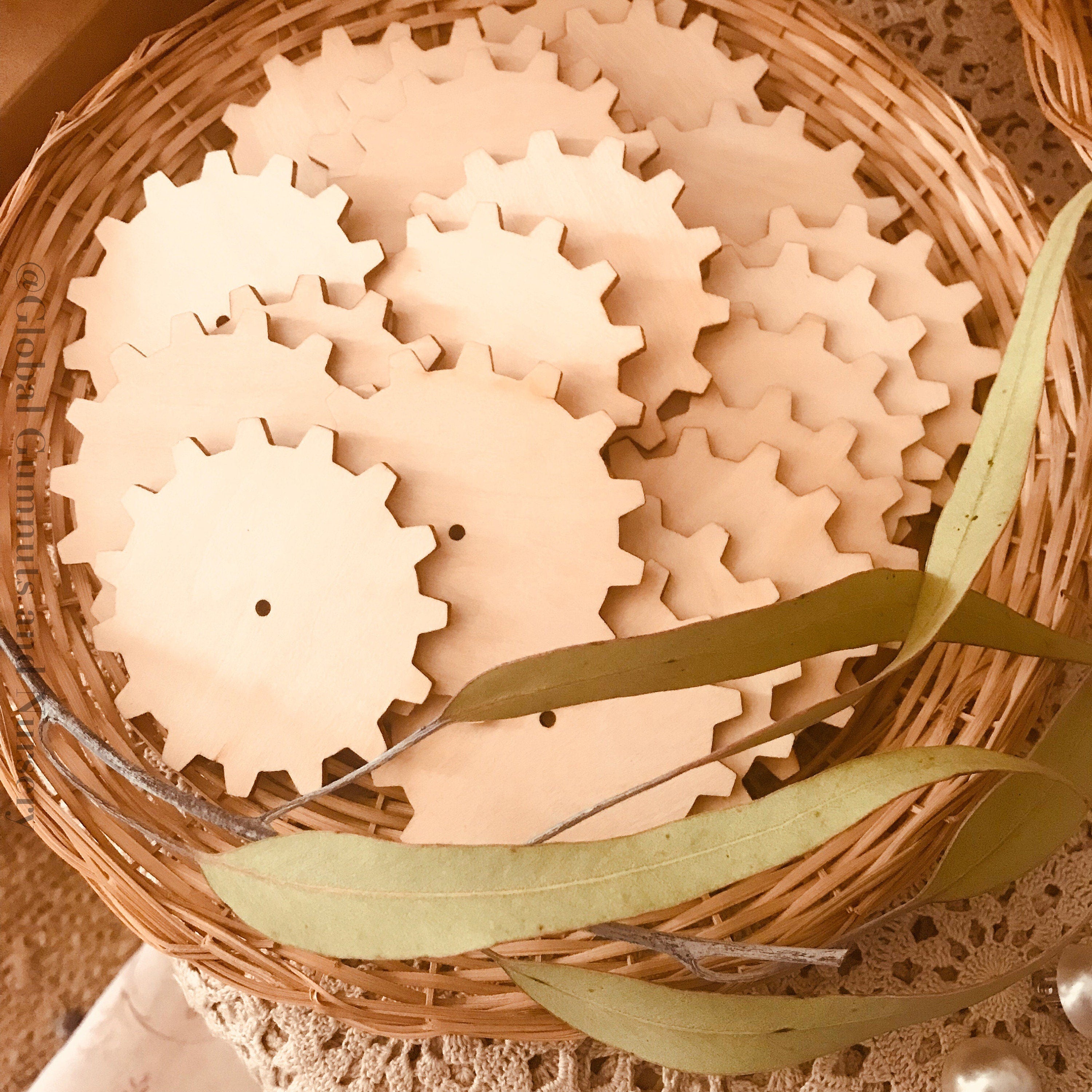 wooden cog tiles: 7.5cm wooden gear-shaped discs for creative projects.