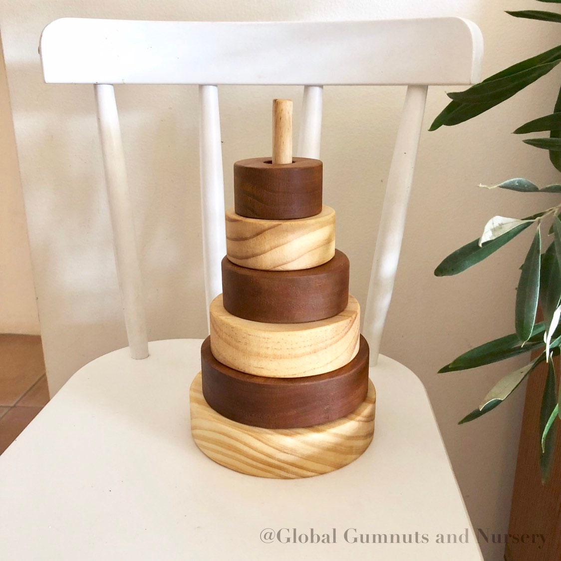 Natural Stripe Wooden Stacker: Wooden stacker with stained stripes for open play.
