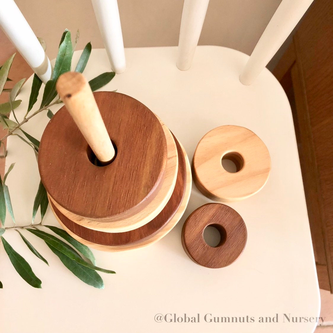Natural Stripe Wooden Stacker: Wooden stacker with stained stripes for open play.