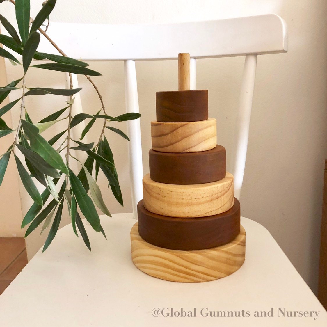 Natural Stripe Wooden Stacker: Wooden stacker with stained stripes for open play.