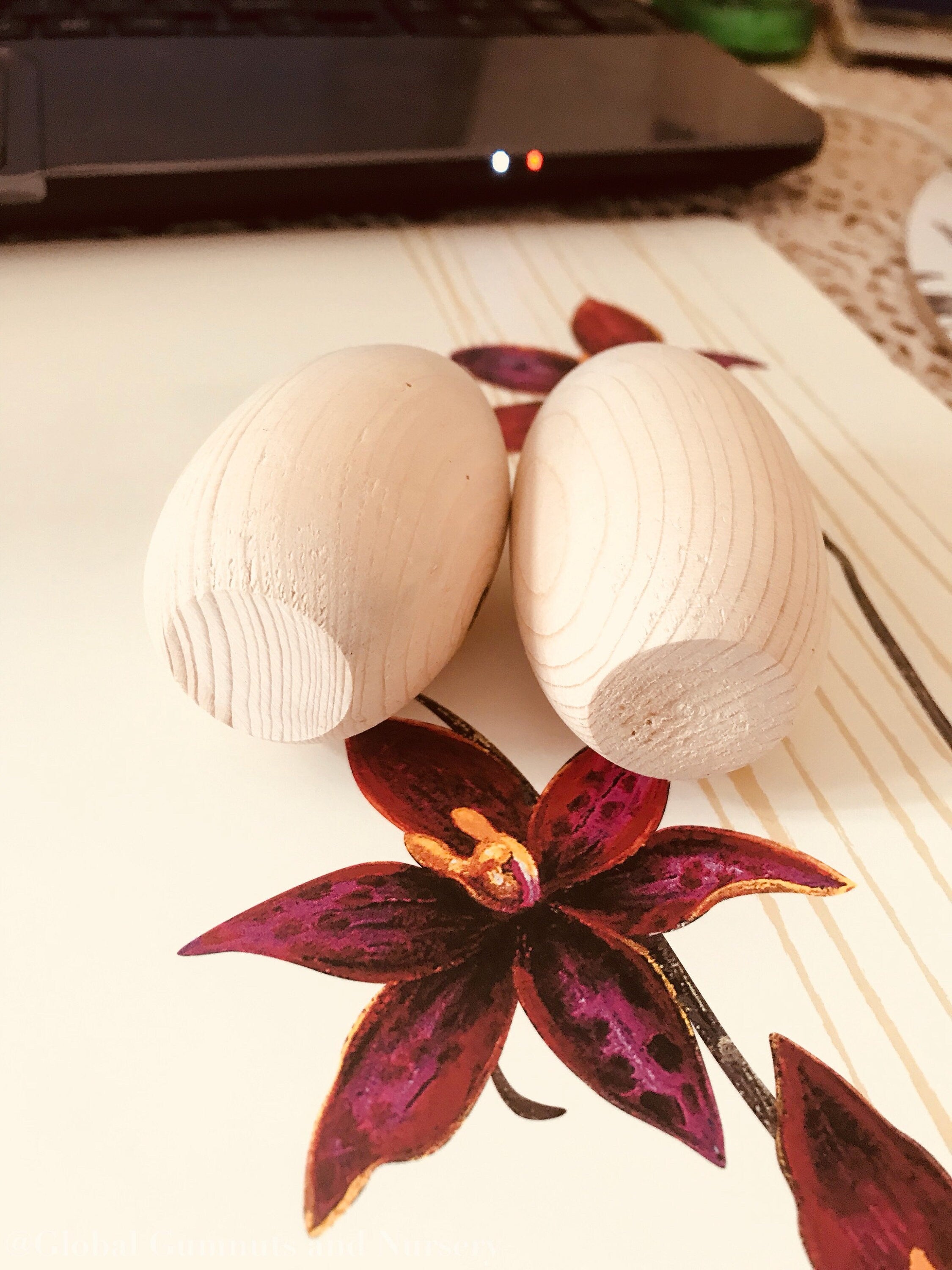 Flat-bottomed wooden egg, ideal for Easter crafts, displays, or creative projects.