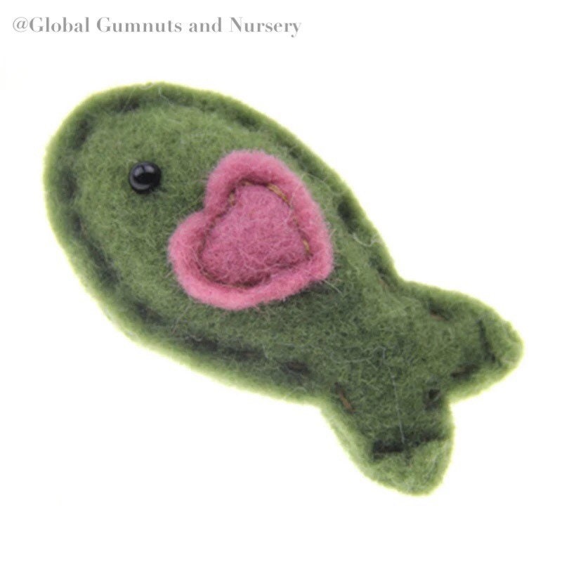 Wool and felt fish, a soft and playful crafting or learning resource.