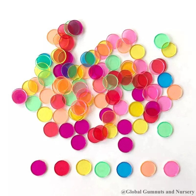 Magnetic colored chips/tiles, a fun and versatile addition to magnetic play or learning activities.
