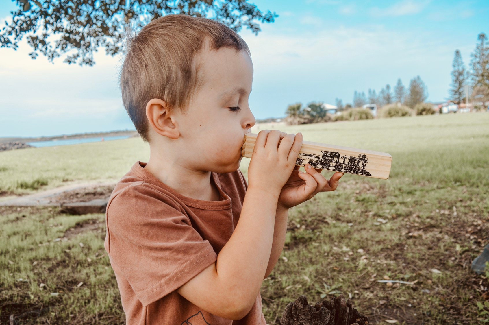 Personalized wooden train whistle, the Gumnut Express adventure whistle.
