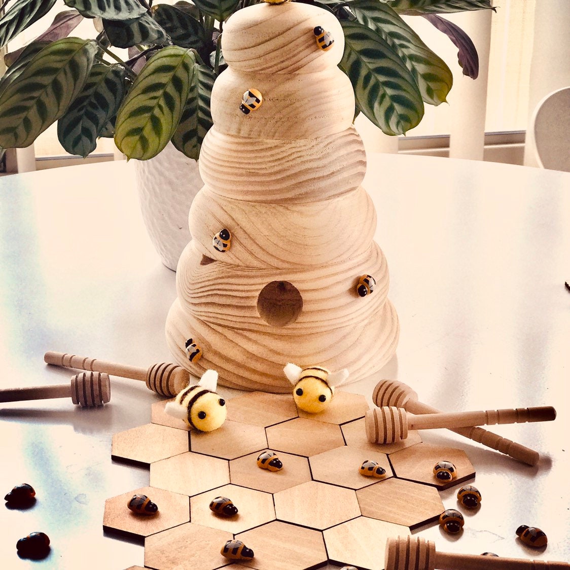 Wooden Hexagonal Tiles: 4cm wooden tiles shaped like honeycomb pieces.