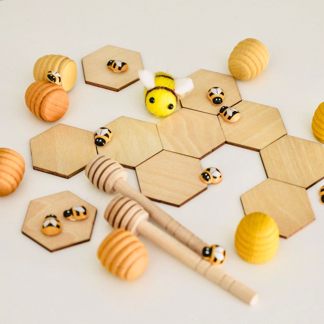Wooden Hexagonal Tiles: 4cm wooden tiles shaped like honeycomb pieces.