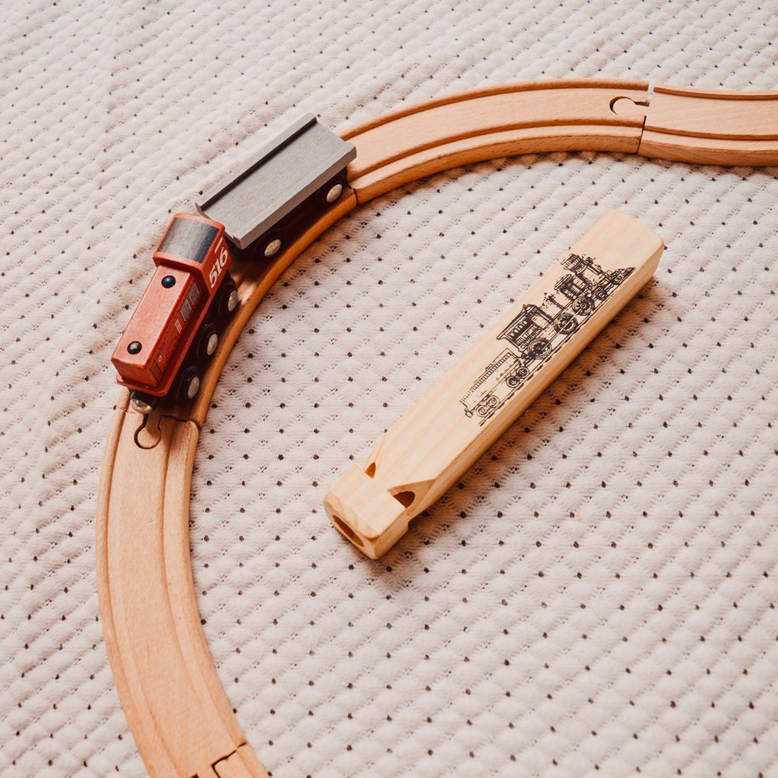 Personalized wooden train whistle, the Gumnut Express adventure whistle.
