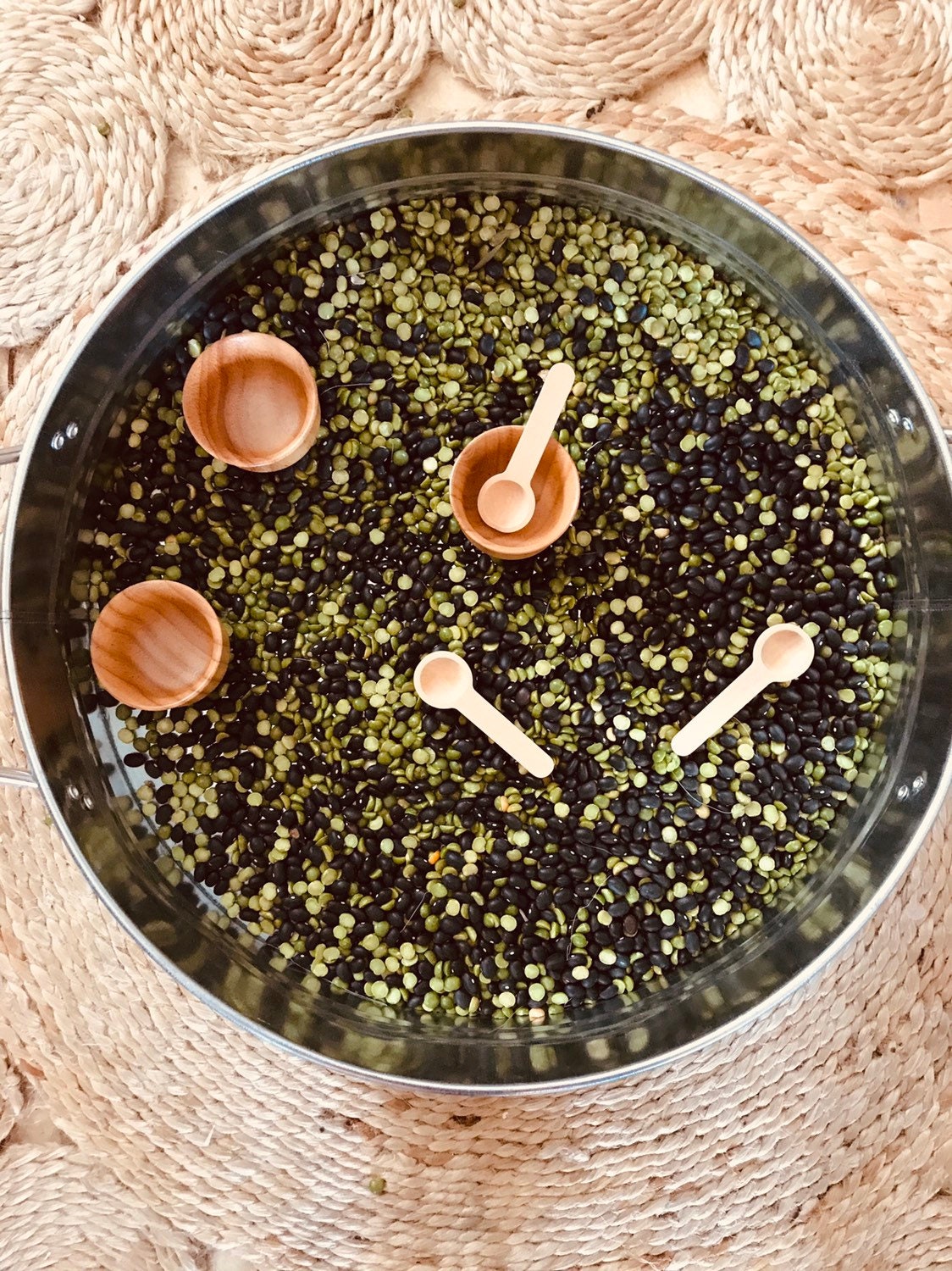 Teaspoon Scoops – Mini Natural Child: Small wooden scoops for sensory play and exploration.