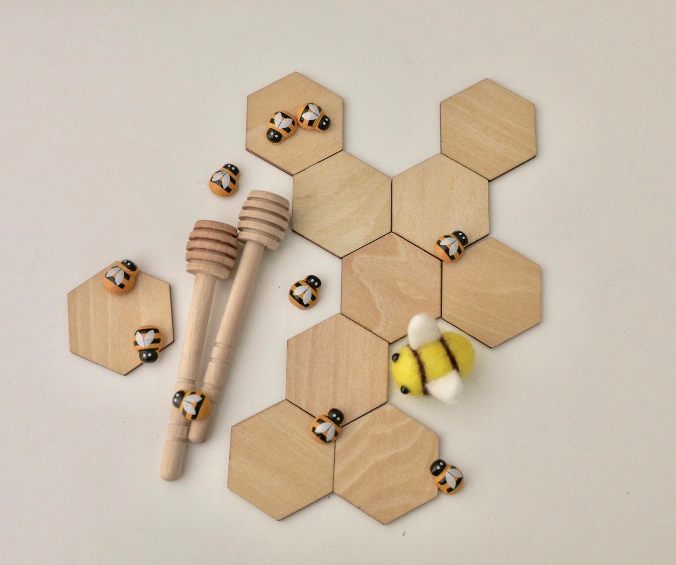 Wooden Hexagonal Tiles: 4cm wooden tiles shaped like honeycomb pieces.
