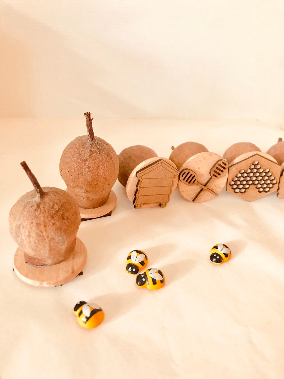 Honeybee Stamp Set: Eight-piece Gumnut stamp set with a beekeeping theme.