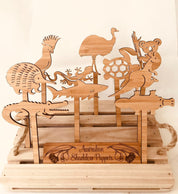 Set of 5 or 10 Australian animal wooden puppets, featuring emu, koala, kangaroo, and more. Ideal for storytelling and imaginative play.