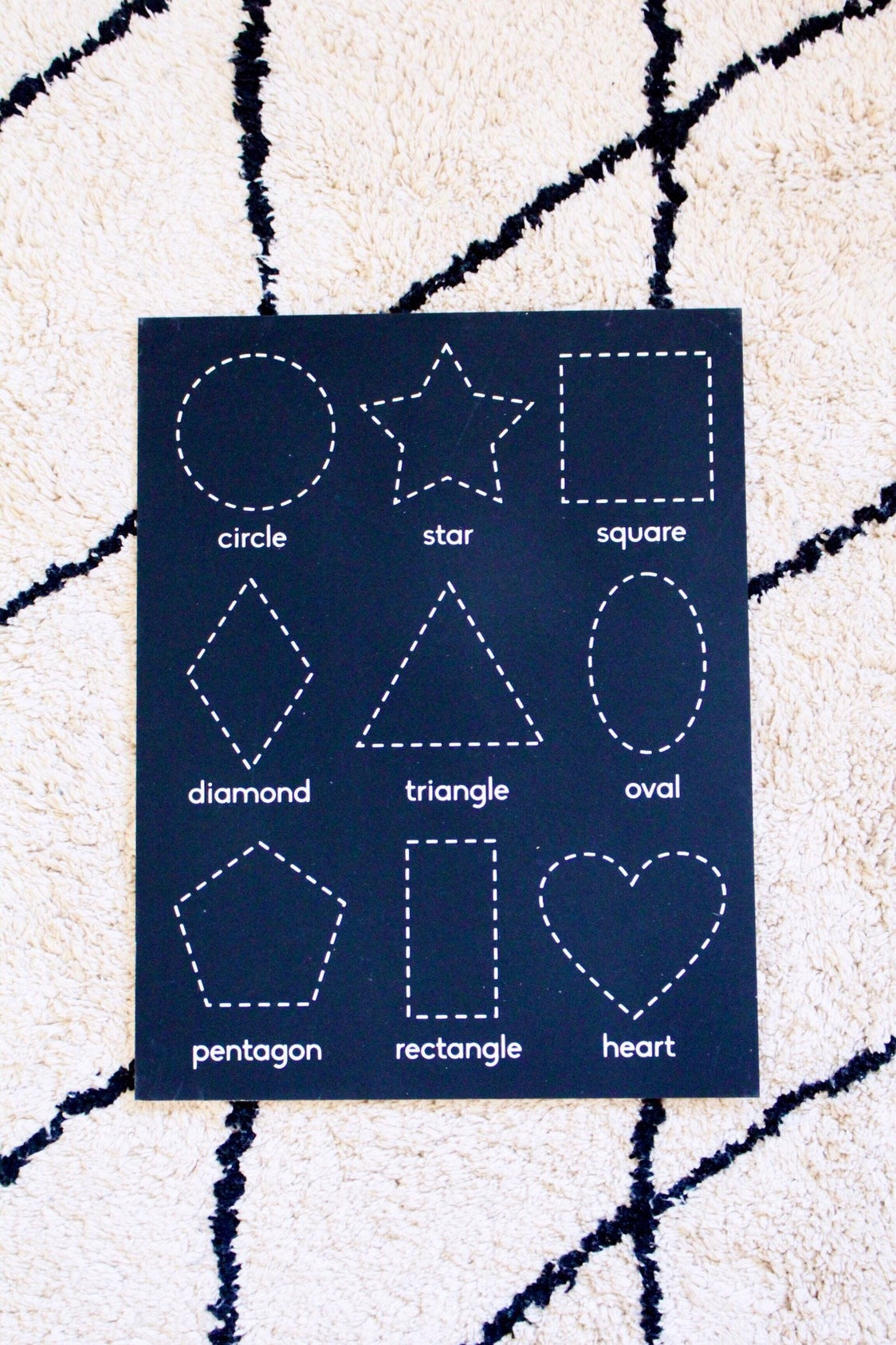 Shapes chalkboard featuring 9 common shapes, perfect for early learning.