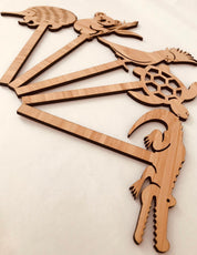 Individual wooden Australian animal puppets featuring emu, koala, crocodile, and more for play or storytelling.