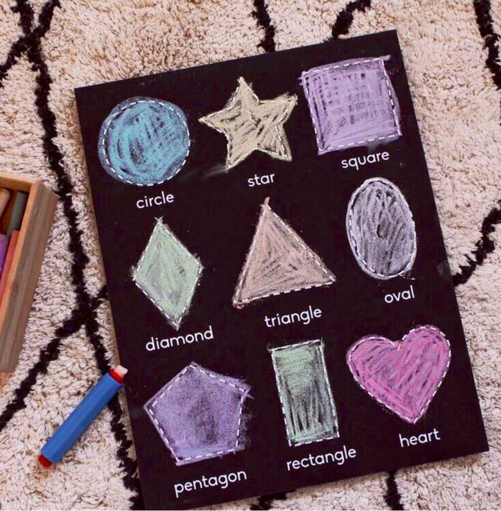 Shapes chalkboard featuring 9 common shapes, perfect for early learning.