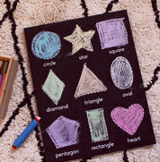 Shapes chalkboard featuring 9 common shapes, perfect for early learning.
