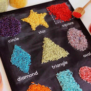 Shapes chalkboard featuring 9 common shapes, perfect for early learning.
