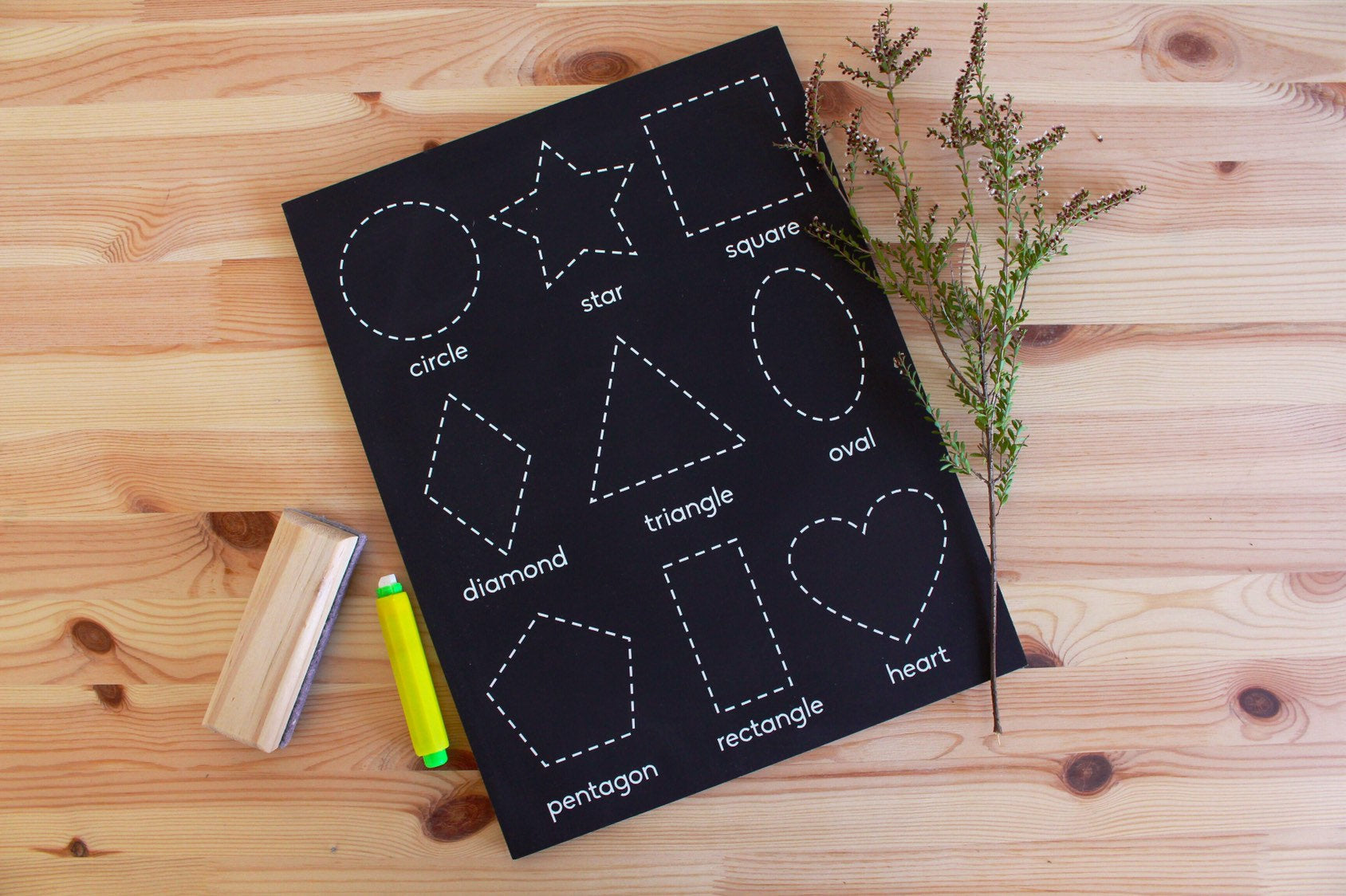 Shapes chalkboard featuring 9 common shapes, perfect for early learning.