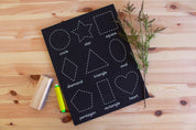 Shapes chalkboard featuring 9 common shapes, perfect for early learning.