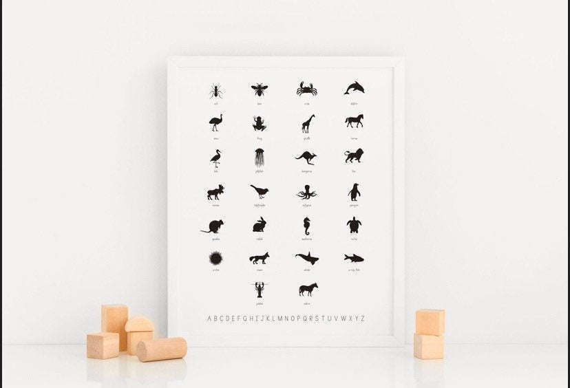 Alphabet and animal name poster, perfect for classrooms, kids' rooms, or educational decor with a playful touch.