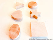 Chunky wooden shape set with 6 playful designs, ideal for teaching shapes, sensory play, and early learning activities.