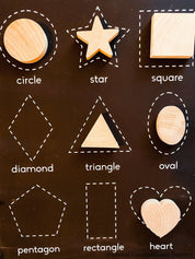 Chunky wooden shape set with 6 playful designs, ideal for teaching shapes, sensory play, and early learning activities.