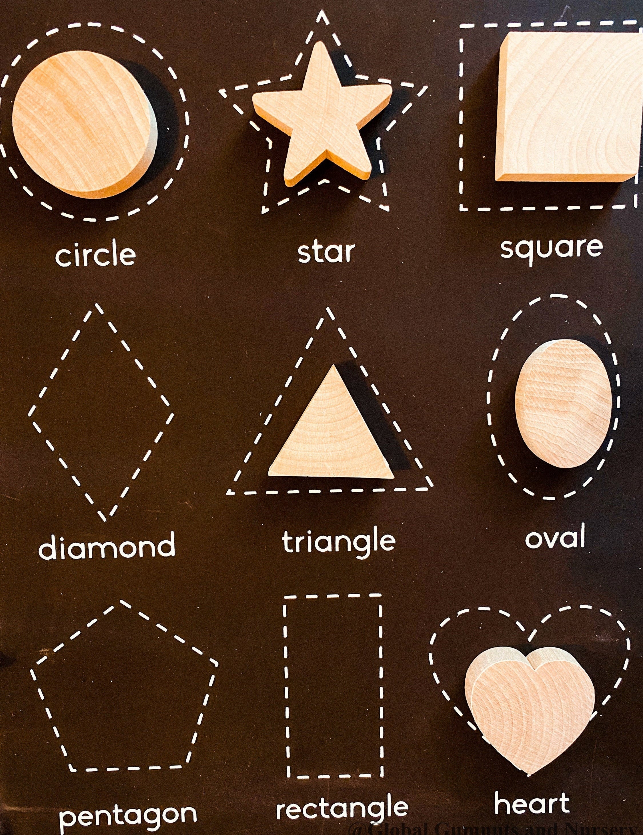 Chunky wooden shape set with 6 playful designs, ideal for teaching shapes, sensory play, and early learning activities.
