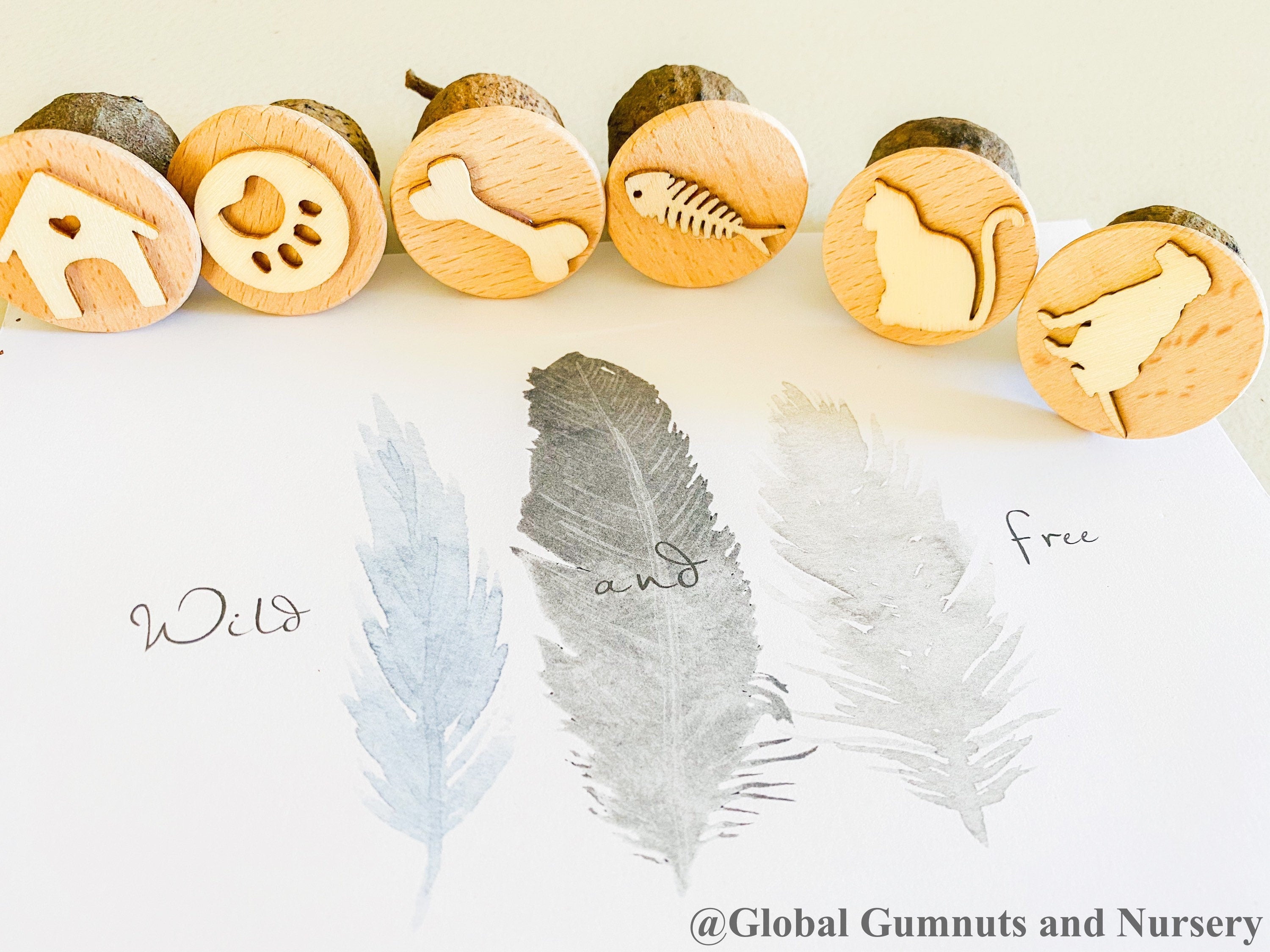 Dog or cat stamp set for kids, 3-piece gumnut-themed design. Perfect for animal lovers and craft activities.
