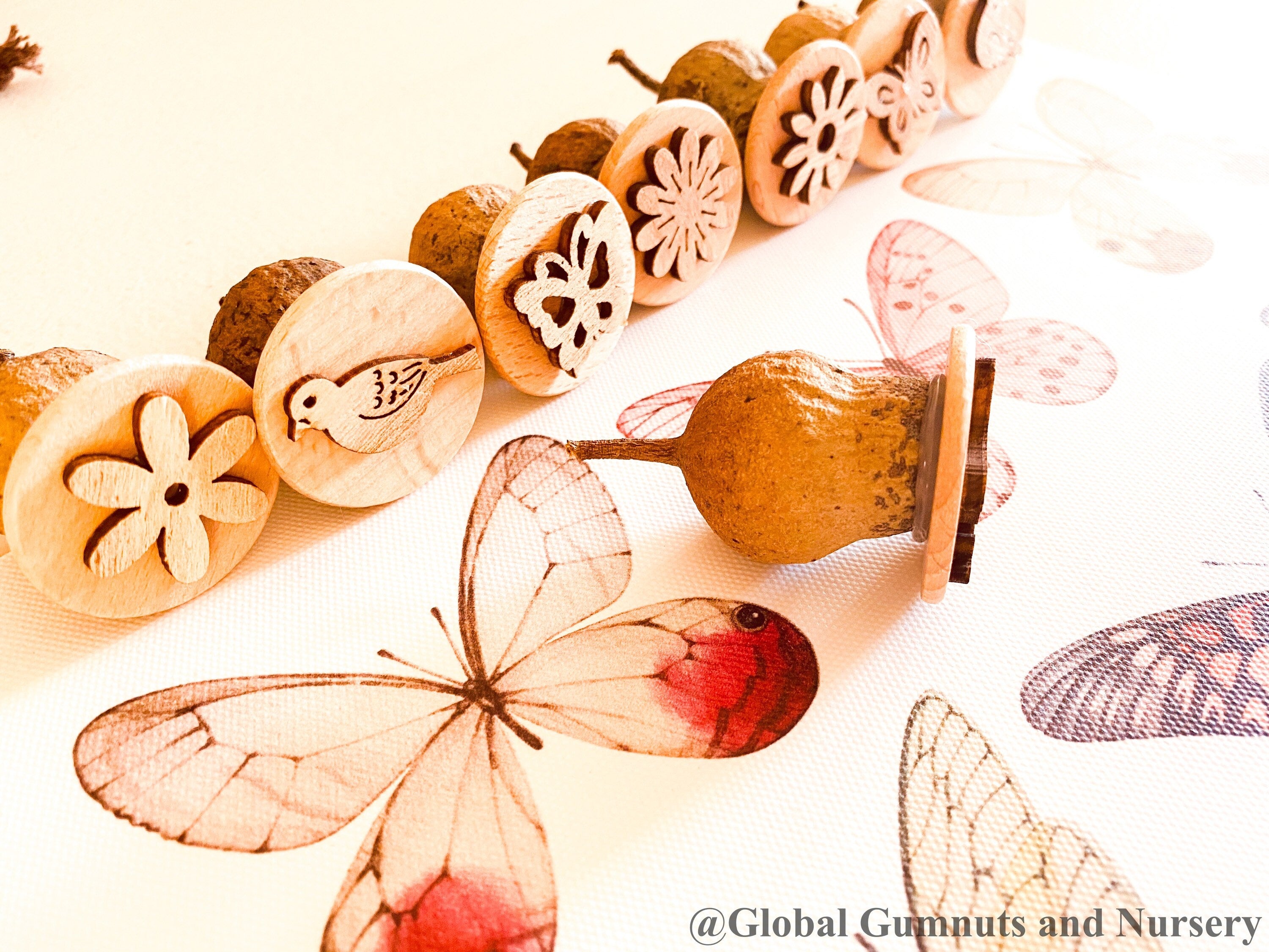Birds, Butterflies & Flowers Stamp Set: Gumnut stamp set featuring birds, butterflies, and flowers.