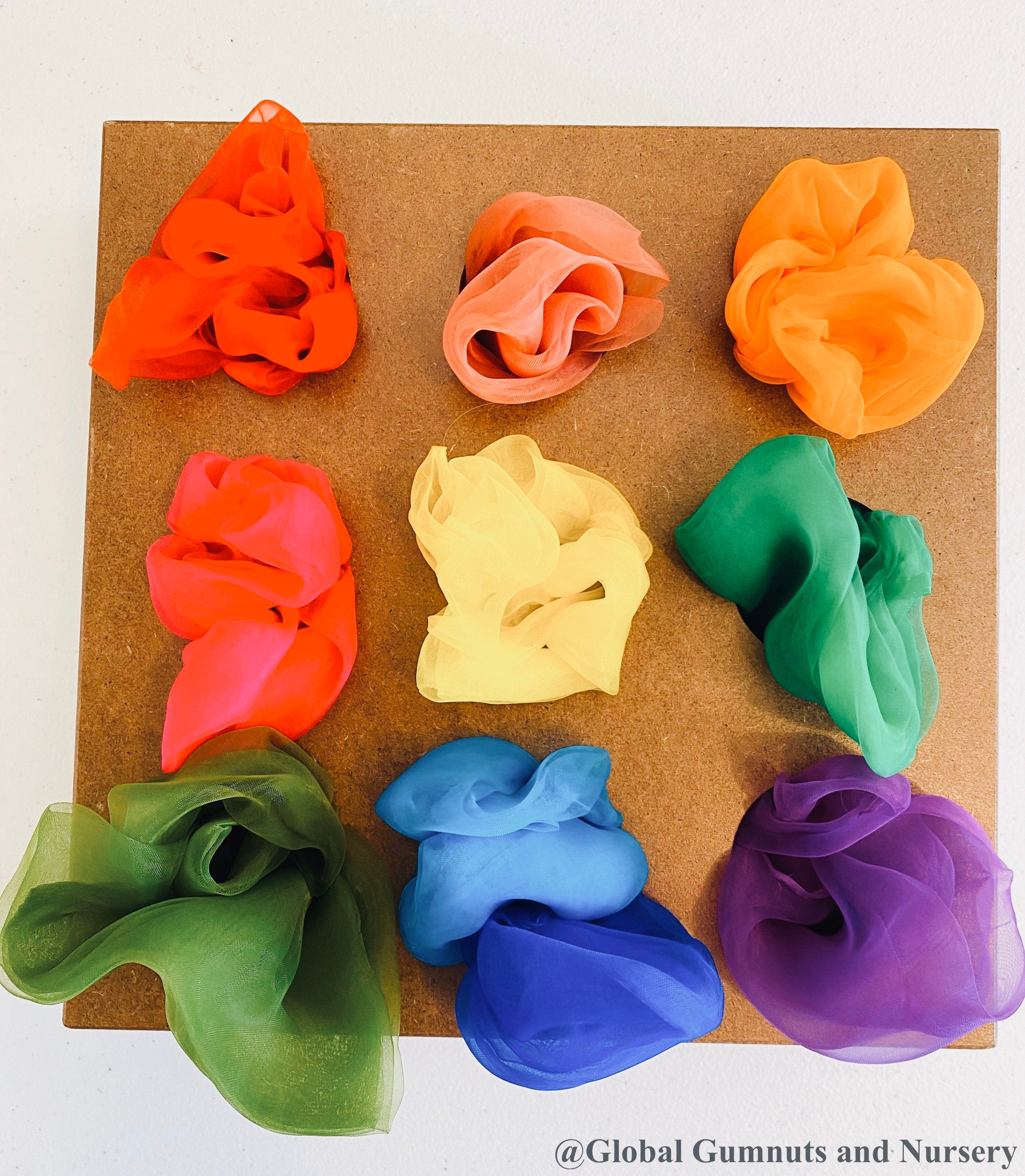 10 colour set sensory scarves: play silks in rainbow and earth colours for sensory activities.