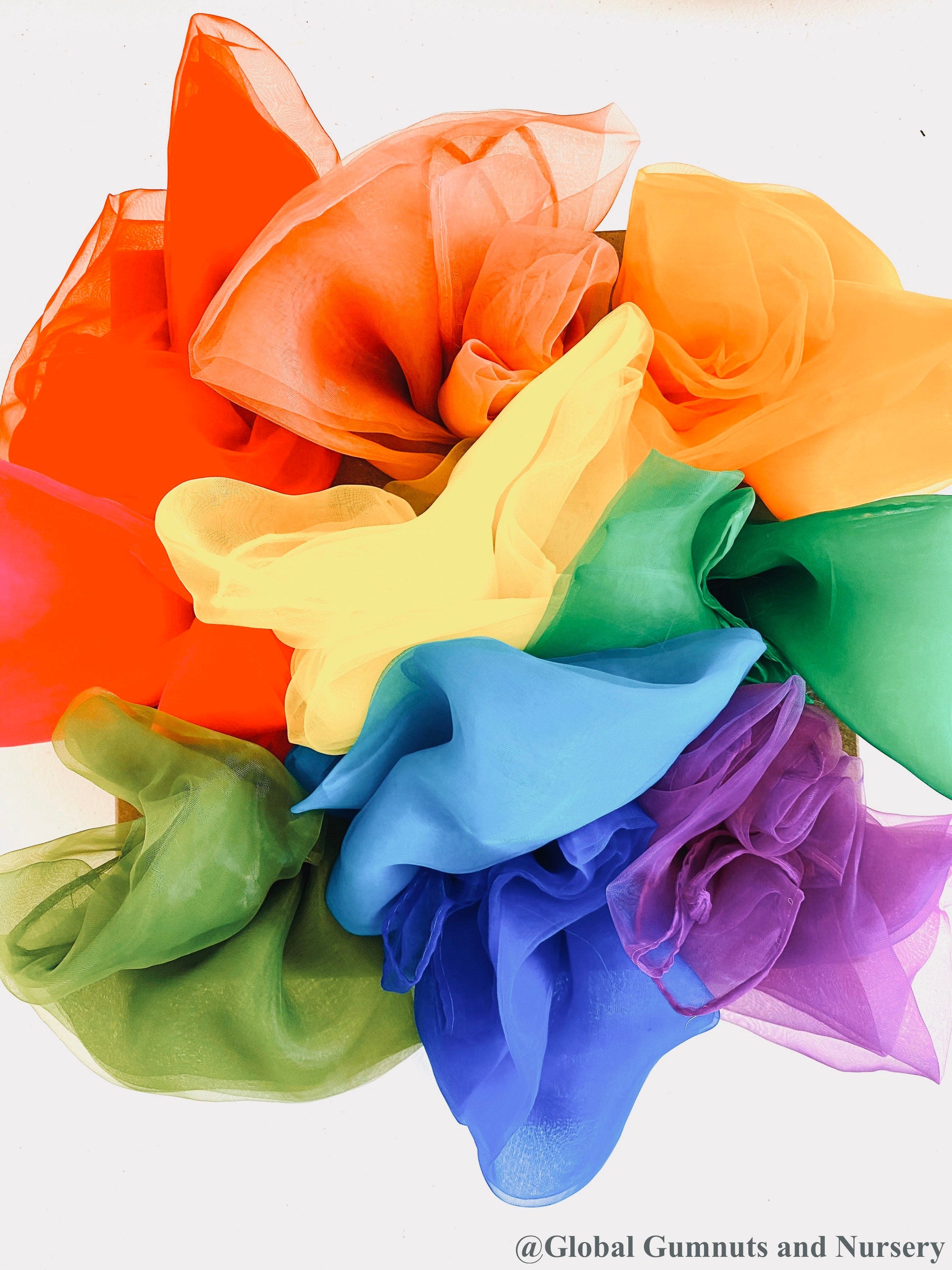 10 colour set sensory scarves: play silks in rainbow and earth colours for sensory activities.