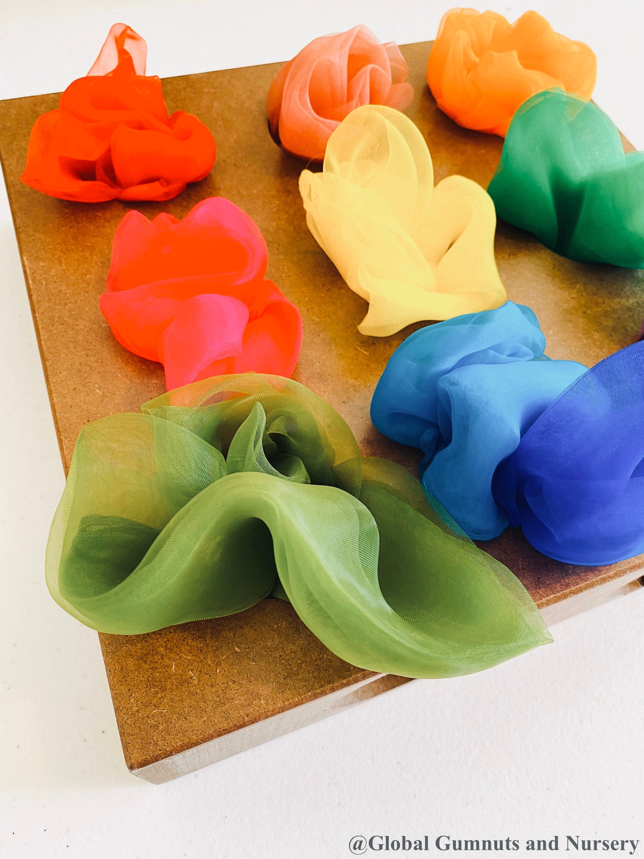 10 colour set sensory scarves: play silks in rainbow and earth colours for sensory activities.