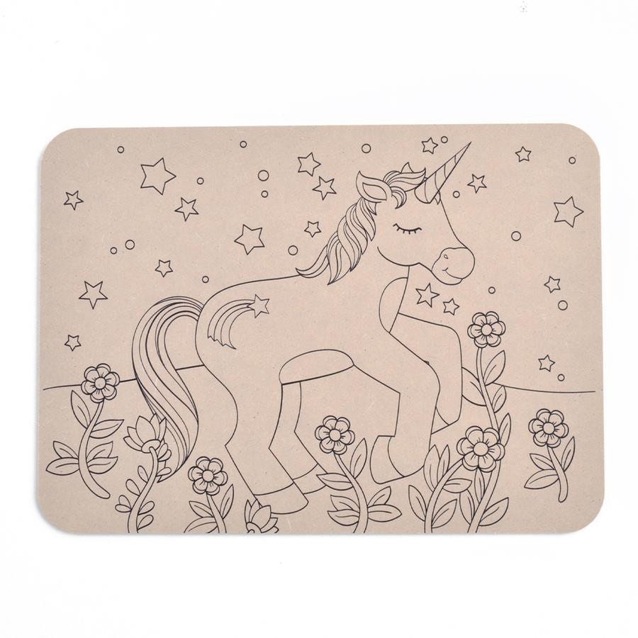 DIY unicorn playdough board in raw MDF, a whimsical craft mat for magical creative play and party fun.
