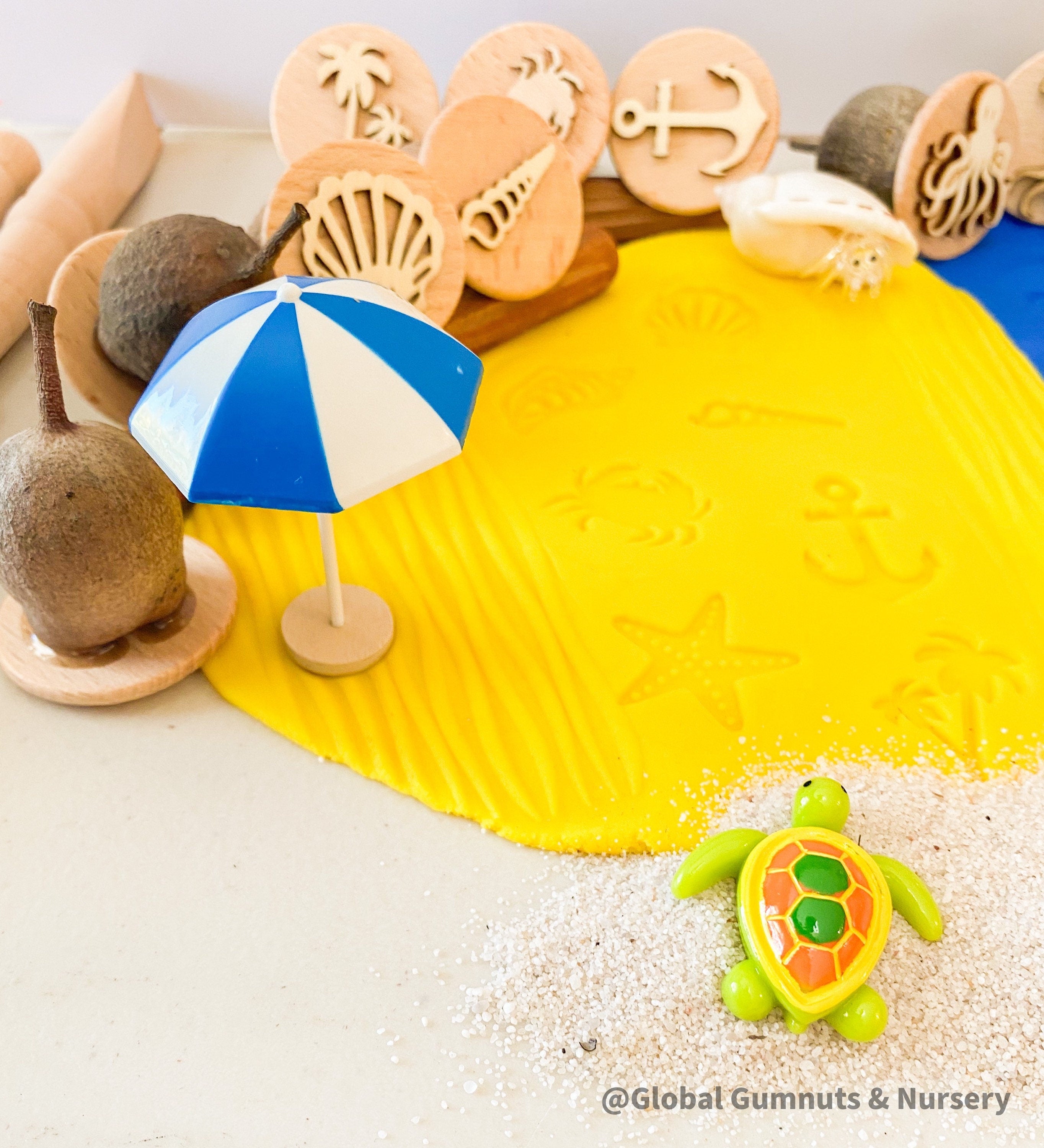 Beach Theme Stamps: Gumnut nature stamps featuring beach themes.
