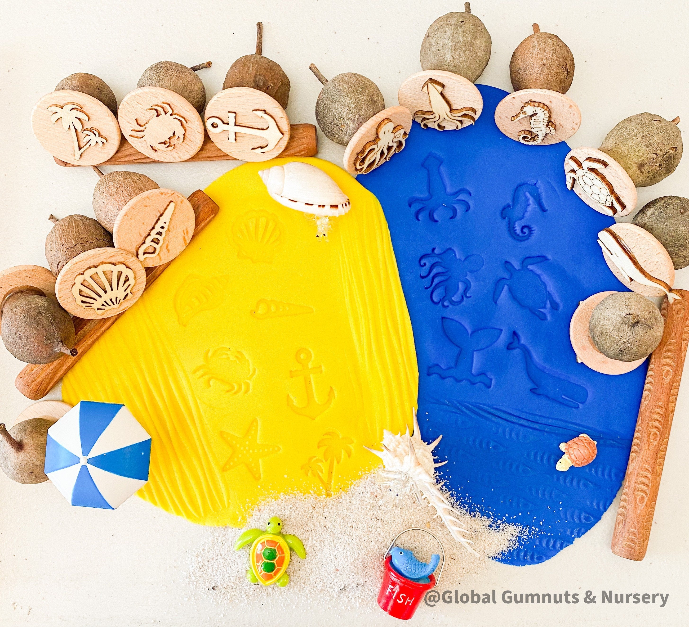 Beach Theme Stamps: Gumnut nature stamps featuring beach themes.