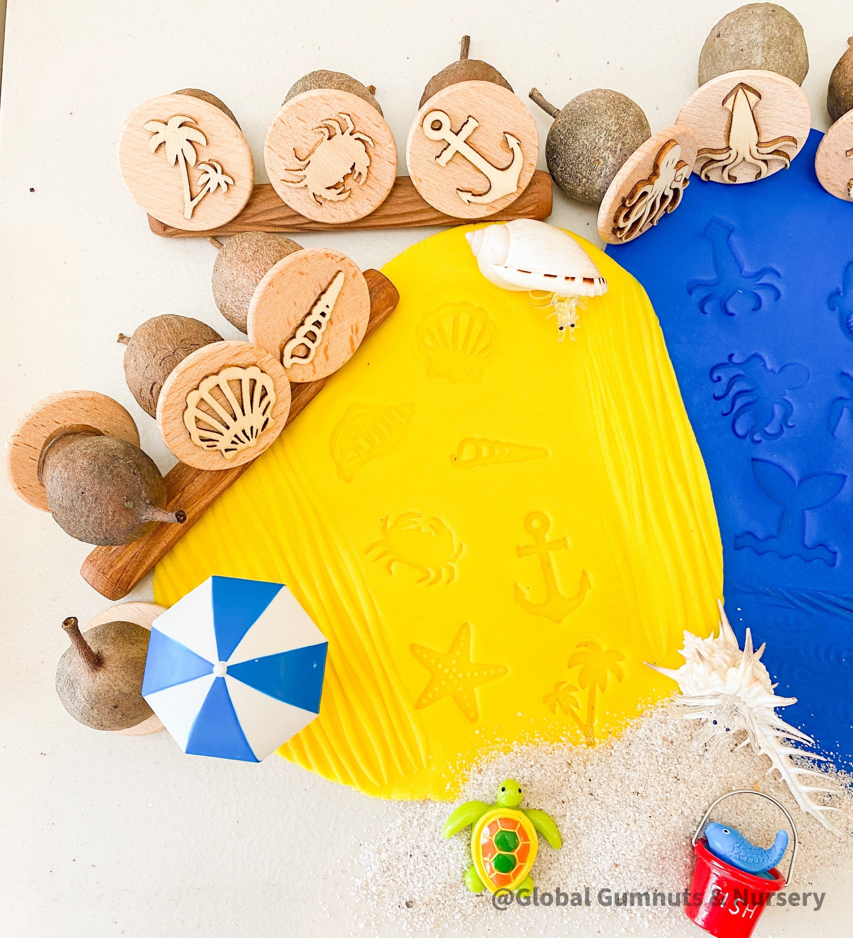 Beach Theme Stamps: Gumnut nature stamps featuring beach themes.