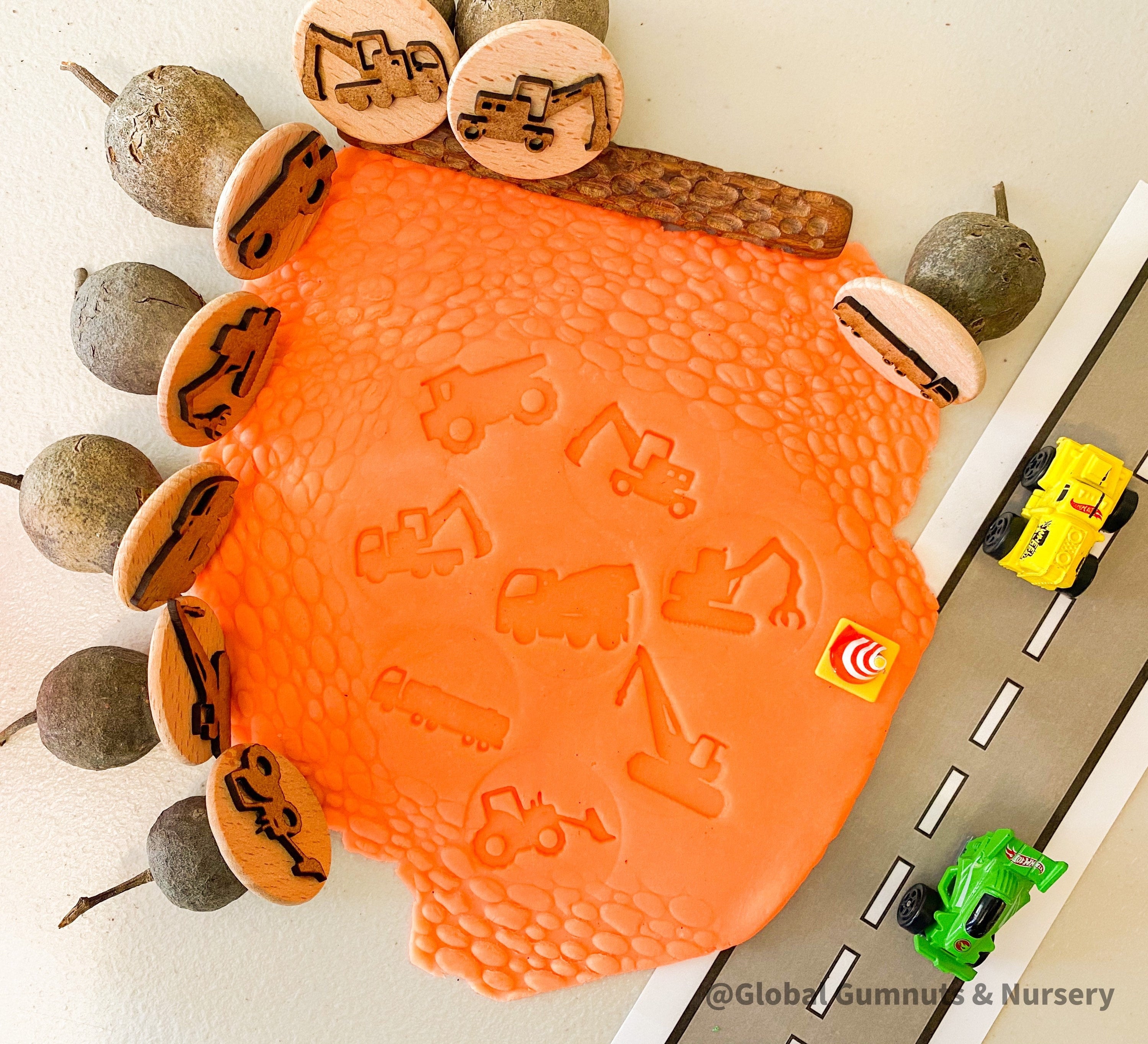 construction zone gumnut nature stamps: 8-piece stamp set for sensory crafts and nature-inspired activities.