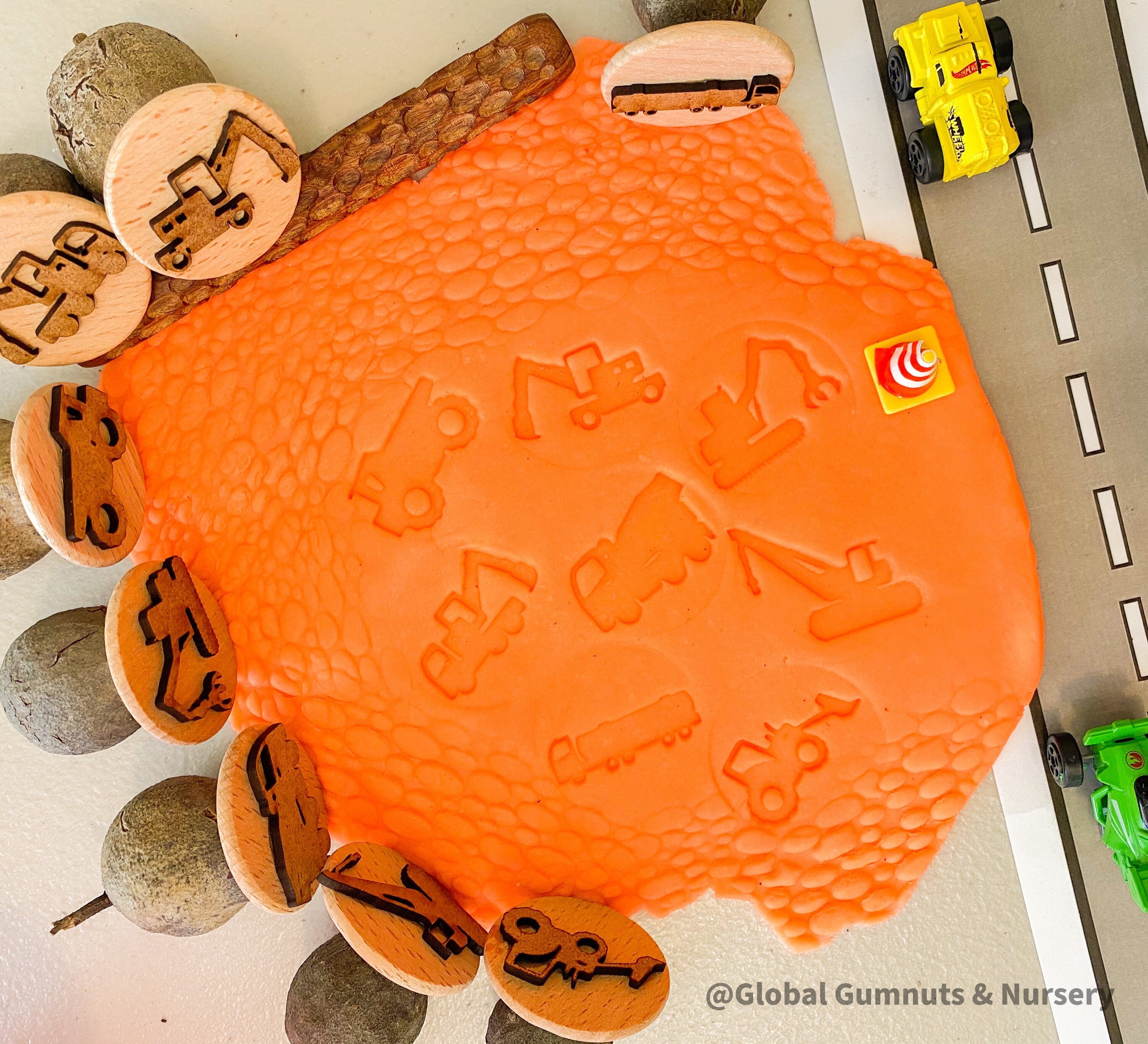 construction zone gumnut nature stamps: 8-piece stamp set for sensory crafts and nature-inspired activities.