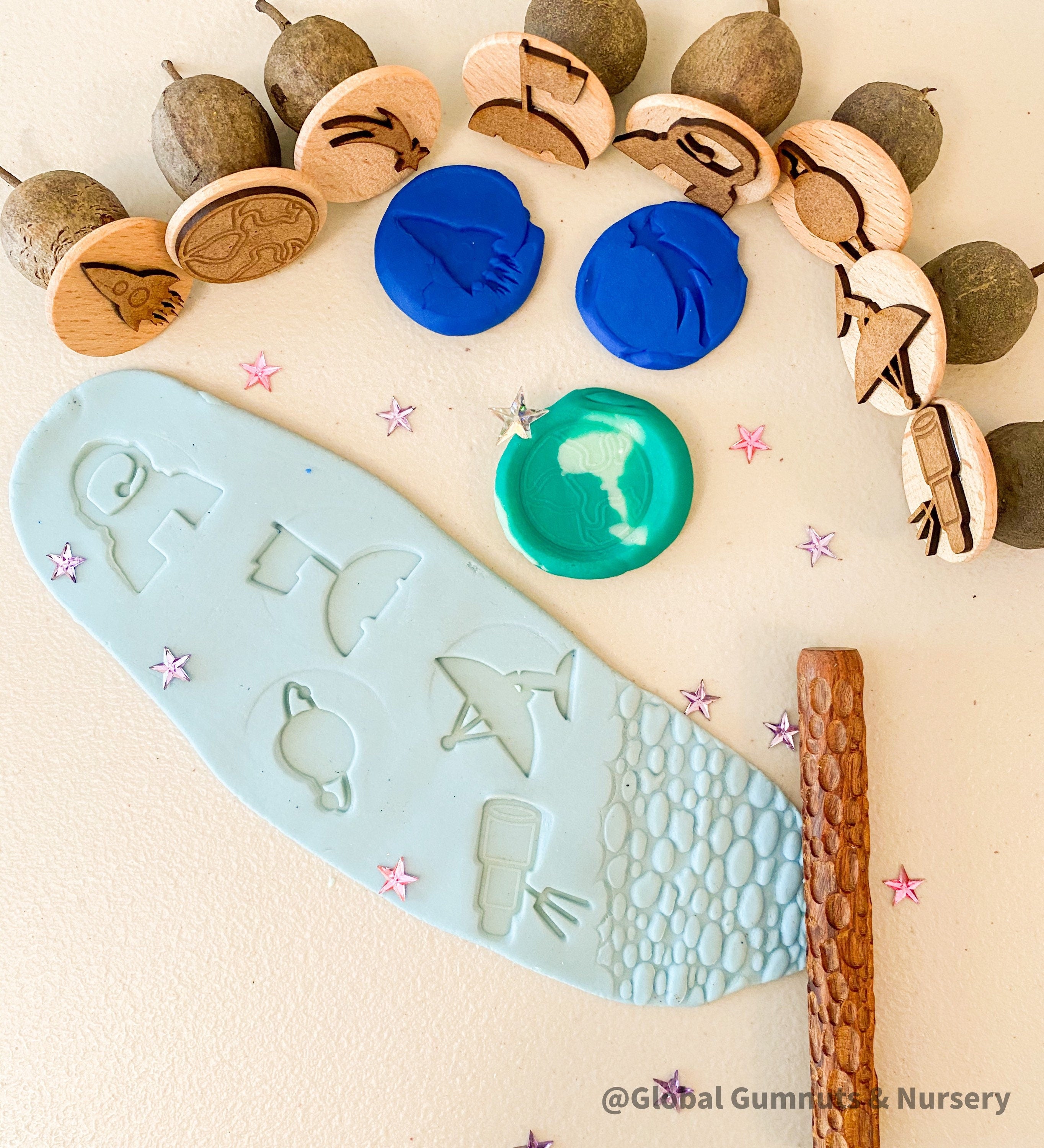 Astronauts, Space & Rockets Gumnut Stamps – 8 Pieces: An out-of-this-world stamp set featuring space-themed designs, perfect for creative play.