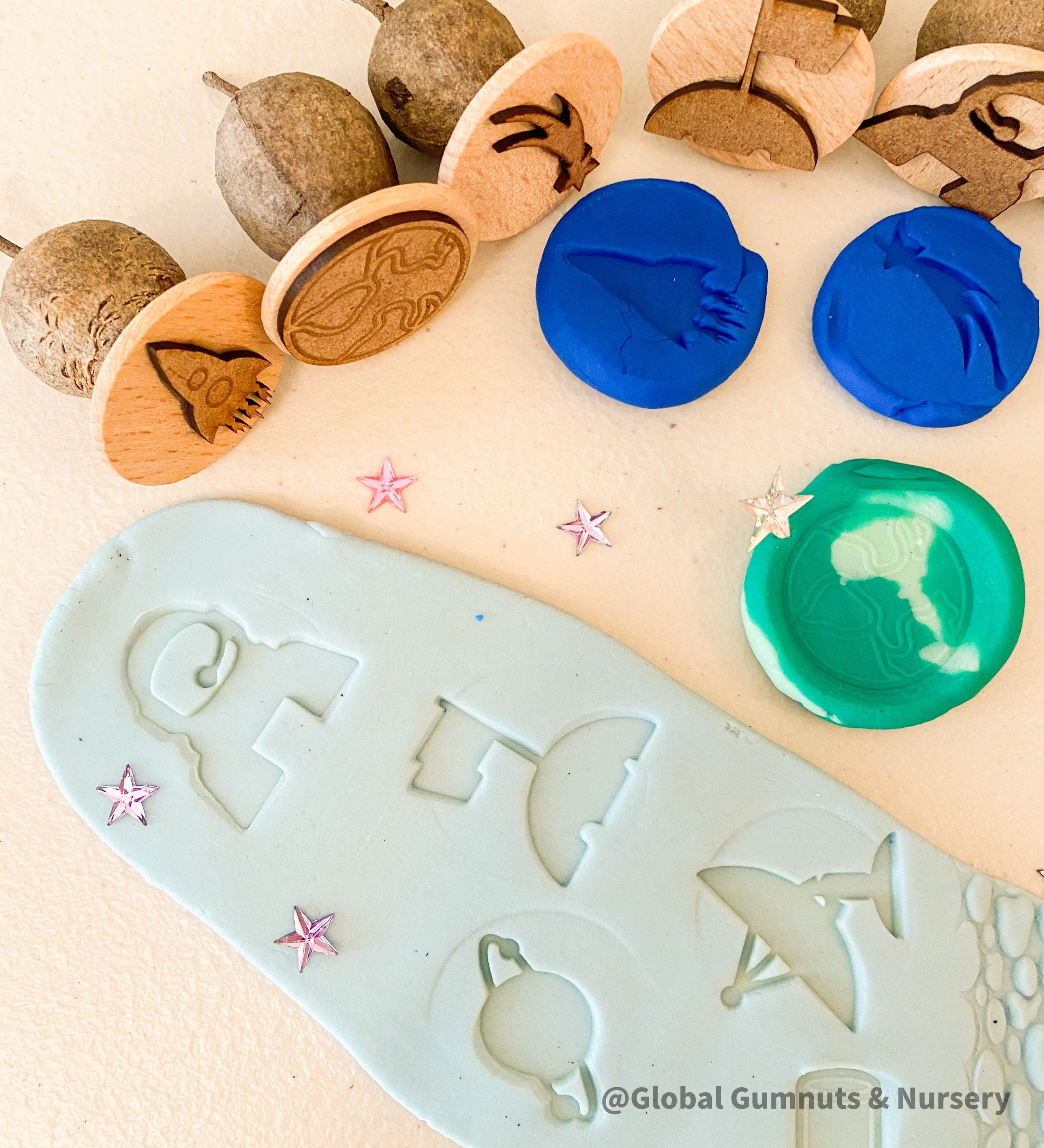 Astronauts, Space & Rockets Gumnut Stamps – 8 Pieces: An out-of-this-world stamp set featuring space-themed designs, perfect for creative play.
