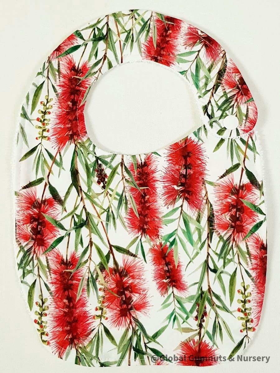 Bottlebrush Luxury Bib: Handmade bib inspired by native flora.