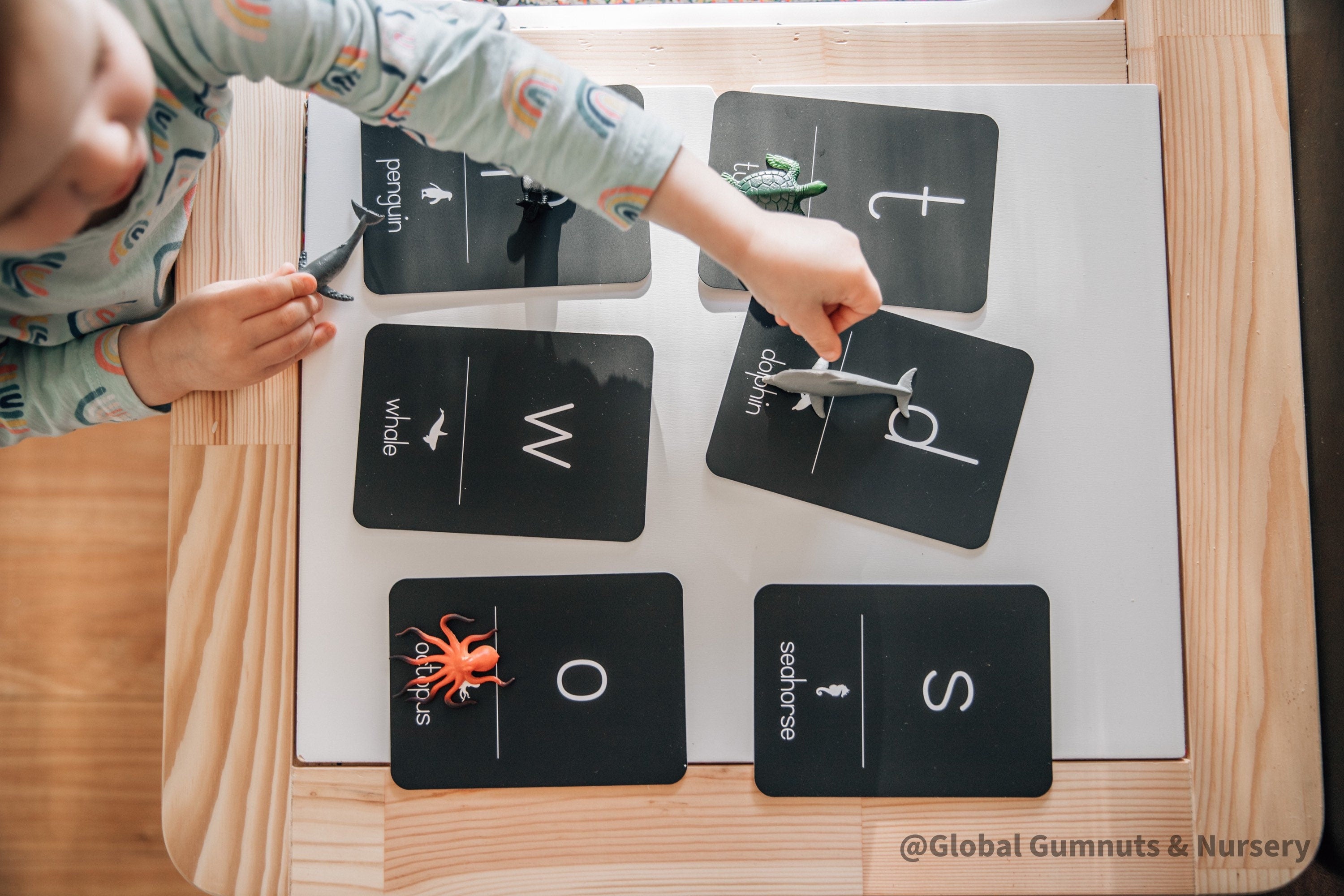 Set of lowercase animal alphabet flashcards, perfect for teaching early literacy and animal recognition in a fun way.