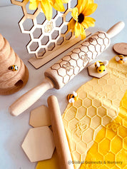 Honeycomb & Bees Rolling Pin: Wooden rolling pin with honeybee pattern for baking and crafting.