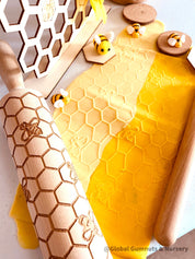 Honeycomb & Bees Rolling Pin: Wooden rolling pin with honeybee pattern for baking and crafting.