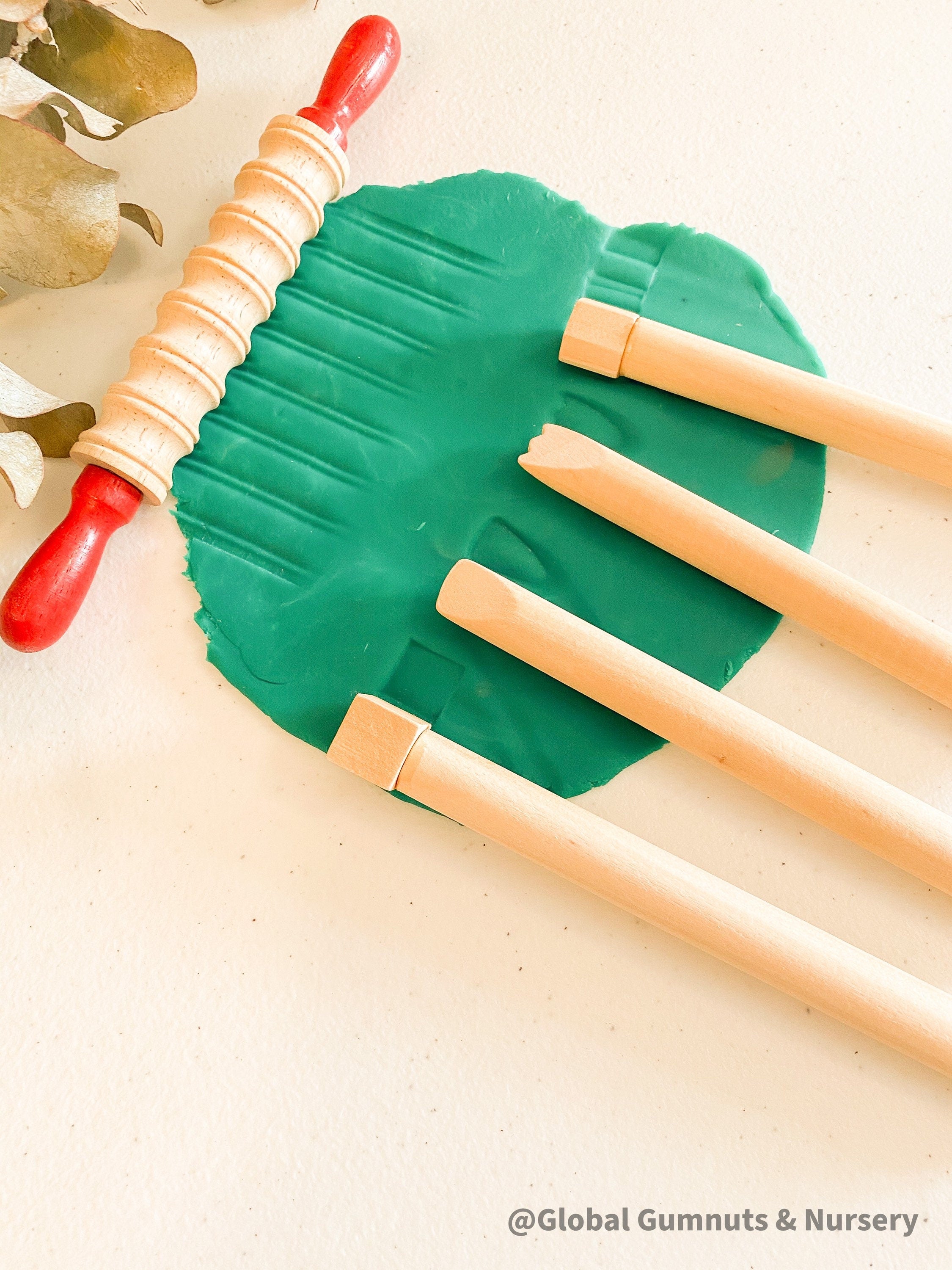 Wood Pattern Makers Set: Set of wooden tools for creating patterns and textures in clay or playdough, perfect for creative play.