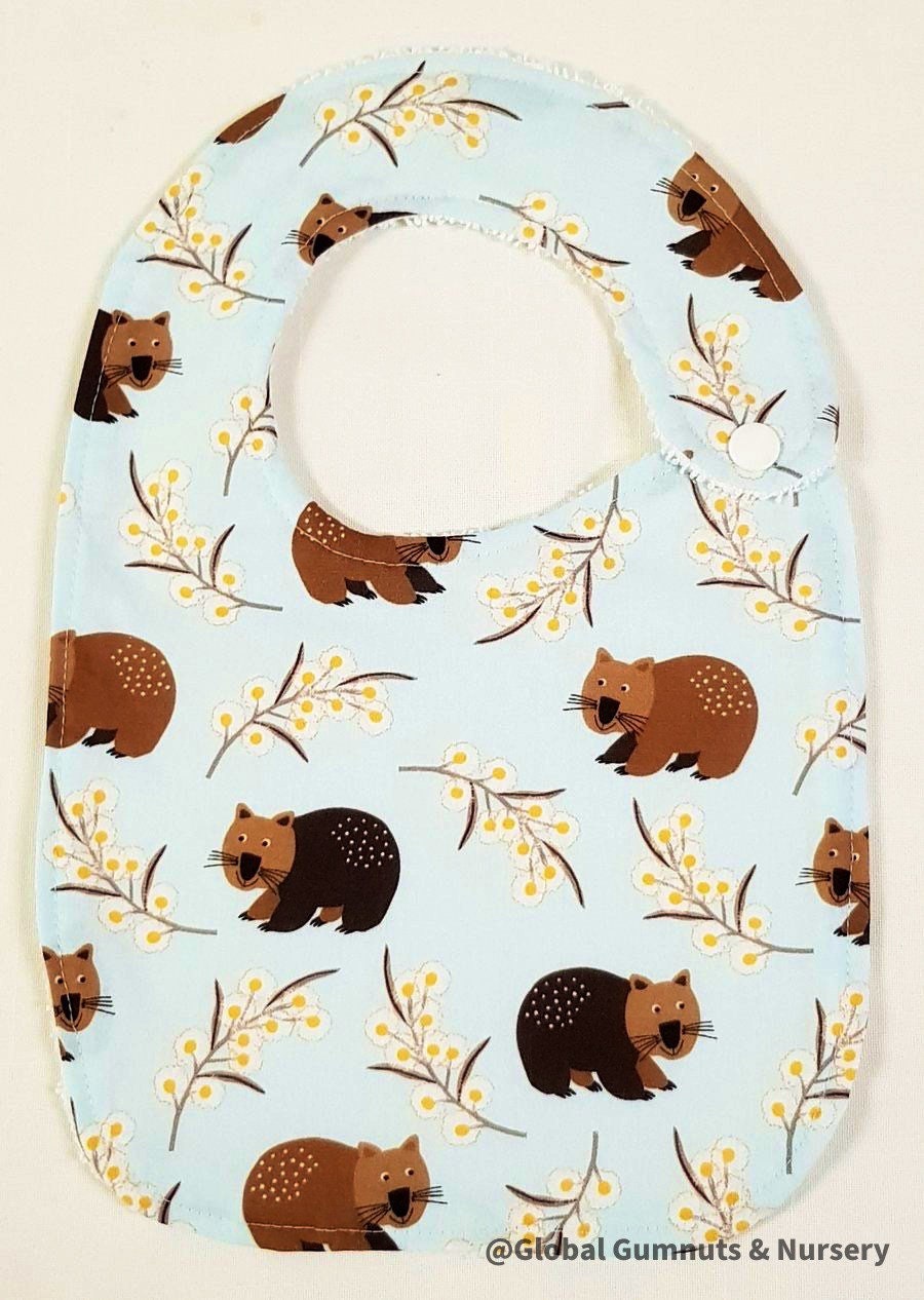 Wombat Luxury Bib: Handmade luxury bib with wombat print.