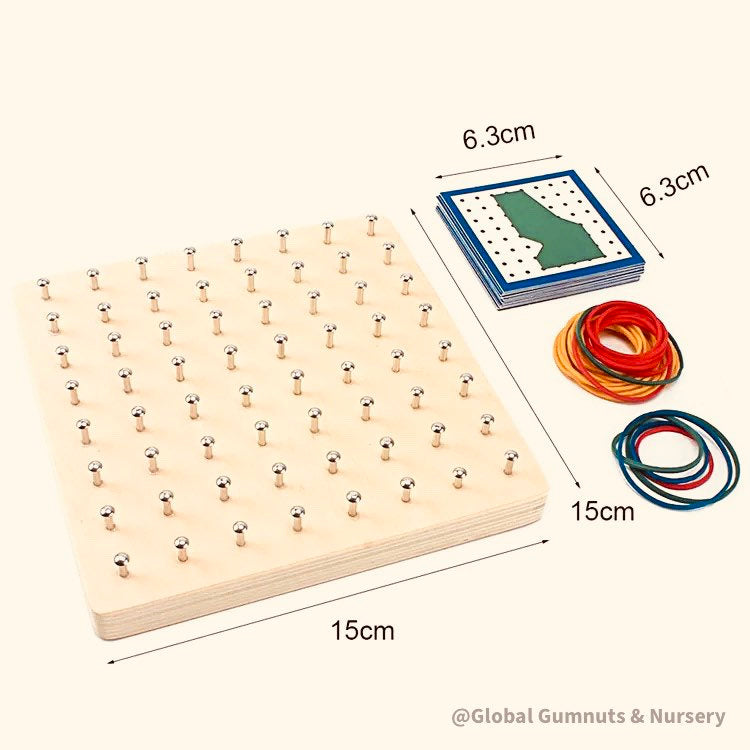 Play boards, Montessori wooden geoboard with 24pcs pattern cards and rubber bands.